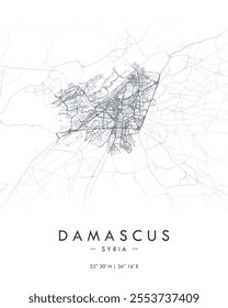 Damascus vector print map. Detailed map of Damascus in Syria. Best free vector illustration. Tourist decorative minimalist street map.