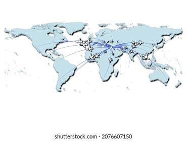 Damascus-Syria in concept vector illustration, map showing flights from Damascus-Syria to major cities around the world.