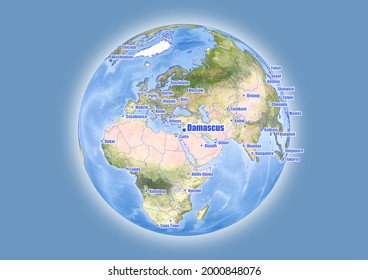 Damascus-Syria is shown on vector globe map. The map shows Damascus-Syria 's location in the world.