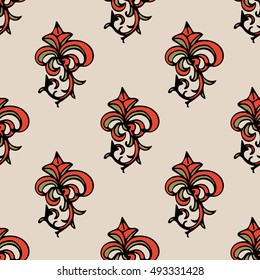 Damask abstract seamless pattern with hand drawn decoration. 