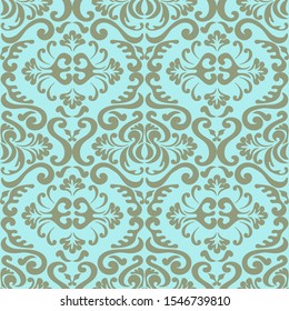 Damask ancient ornament in vector. Seamless floral Wallpaper, pale blue color.
