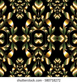 Damask antique seamless  pattern. Floral background  with vintage 3d gold baroque ornaments, swirl leaves and flowers in Victorian style. Vector luxury texture for wallpapers, textile, fabric
