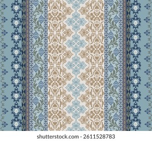 Damask art, ethnic, abstract, Damask pattern, black background, vertical full pattern, mint green, beige color for textile, clothing, curtains, carpets, blankets, decoration, vector illustration.