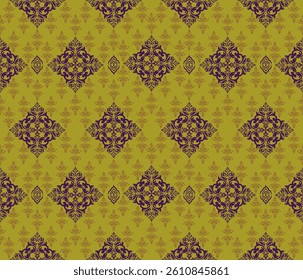 Damask art, ethnic style, Damask pattern, green background, purple, full pattern for textile, clothing, curtains, carpets, blankets, decoration, vector illustration.