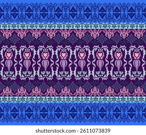 Damask art, ethnic style, Damask pattern, pink, purple, blue background, vertical for textile, clothing, curtains, carpets, blankets, decoration, vector illustration.
