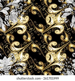 Damask background. Gold floral ornament in baroque style. Golden floral wallpaper. Golden element on black colors. Seamless pattern.