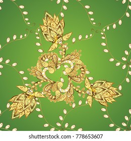 Damask background. Gold green, yellow and brown floral ornament in baroque style. Golden floral wallpaper. Golden element on green, yellow and brown colors. Pattern.