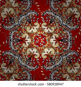 Damask background. Gold red floral ornament in baroque style. Golden element on red background. Pattern. Golden floral wallpaper.