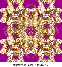Damask background. Golden element on a purple and brown colors. Gold floral ornament in baroque style. Golden floral seamless pattern.