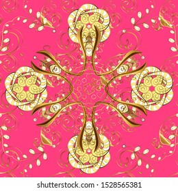 Damask background. Golden element on a yellow and pink colors. Gold floral ornament in baroque style. Golden floral seamless pattern.