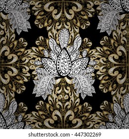 Damask background. Golden element on black colors. Seamless pattern. Golden floral wallpaper. Gold floral ornament in baroque style.