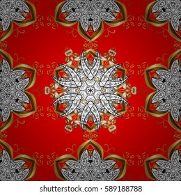Damask background. Golden element on a red background. Gold floral ornament in baroque style. Golden floral seamless pattern.