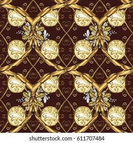 Damask background. Golden element on brown background. Seamless pattern. Gold brown floral ornament in baroque style. Golden floral wallpaper.