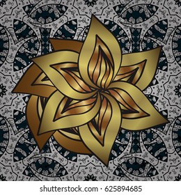 Damask background. Golden element on blue background. Gold blue floral ornament in baroque style. Golden floral wallpaper. Pattern.