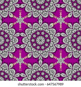 Damask background. Golden element on magenta background. Golden floral wallpaper. Seamless pattern. Gold magenta floral ornament in baroque style.