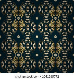 Damask background. Golden floral seamless pattern. Golden element on a blue, yellow and brown colors. Gold floral ornament in baroque style.