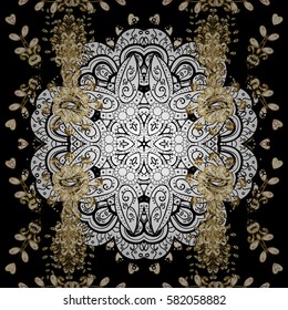 Damask background. Golden floral wallpaper. Golden element on black background. Gold black floral ornament in baroque style.