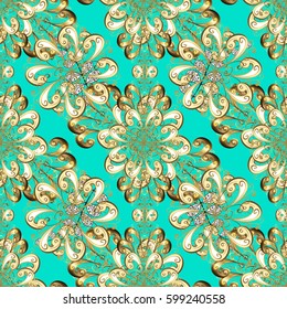 Damask background. Golden floral wallpaper. Seamless pattern. Golden element on blue background. Gold blue floral ornament in baroque style.