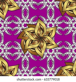 Damask background. Golden floral wallpaper. Golden element on magenta background. Gold magenta floral ornament in baroque style. Seamless pattern.