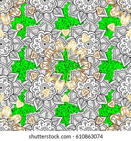 Damask background. Pattern. Gold green floral ornament in baroque style. Golden element on green background. Golden floral wallpaper.