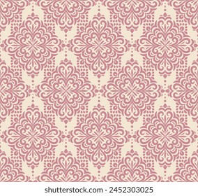 Damask background with rich, old style, luxury ornamentation, pink fashioned seamless pattern, royal vector wallpaper, mandala fabric swatch.