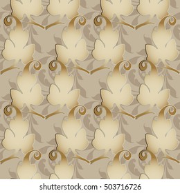 Damask baroque floral beige vector seamless pattern background wallpaper with vintage 3d flowers,leaves and ornaments.Floral 3d decor elements with shadows and highlights