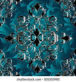 Damask baroque floral blue vector seamless pattern background wallpaper with 3d vintage  antique decorative 3d  flowers,leaves and ornaments.