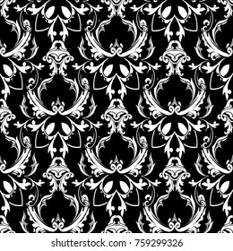 Damask baroque floral seamless pattern. Black white background wallpaper with scroll leaves, damask flowers and antique Baroque ornaments. Vintage isolated design for fabric, textile, prints, walls.
