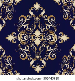 Damask baroque floral vector seamless pattern background wallpaper illustration with 3d vintage antique decorative flowers leaves and ornaments. Flourish ornamental baroque wallpaper gold