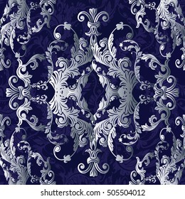 Damask baroque floral vector seamless pattern background wallpaper with vintage  antique decorative 3d  flowers,leaves and ornaments.Luxury royal ornamental endless texture.Medieval elegant decor.