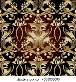 Damask baroque floral vector seamless pattern background wallpaper illustration with 3d vintage antique decorative gold flowers,leaves and ornaments. Damask pattern