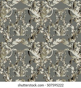 Damask baroque floral vector seamless pattern. Flourish background wallpaper illustration with vintage antique decorative 3d flowers,leaves and medieval ornaments.