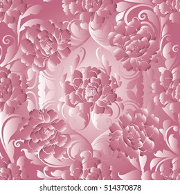 Damask baroque floral vector seamless pattern background with vintage antique decorative 3d pink  flowers,leaves and ornaments. Flourish wallpaper.Flowery illustration.Floral pattern.