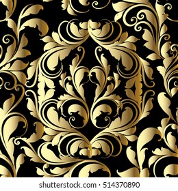 Damask baroque floral vector seamless pattern background with vintage antique decorative baroque damask black and gold  flowers,leaves and ornaments. Flourish wallpaper.Flowery illustration.
