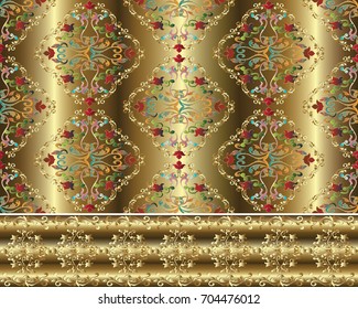 Damask Baroque gold 3d seamless pattern and border. Floral vector background wallpaper illustration with vintage colorful  flowers, gold floral rhombus frames, borders and surface Baroque ornaments .