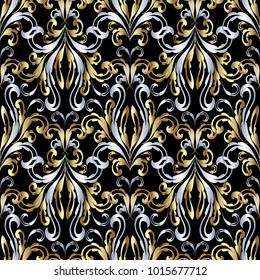 Damask baroque gold silver seamless pattern. Vector floral background with hand drawn damask flowers, swirls, curves, baroque style ornaments.  Surface design for wallpaper, fabric, prints, textile.