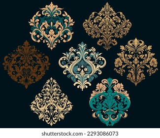 Damask baroque ornament set. Ornate element for design in Victorian style. It can be used for decorating of wedding invitations, greeting cards, decoration for bags and clothes.
Vector illustration.