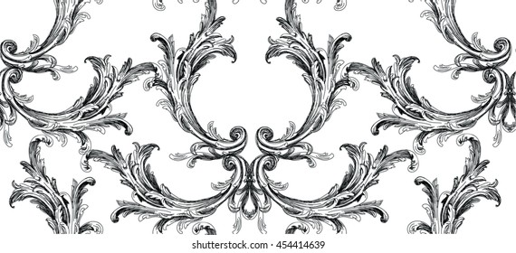 Damask baroque pattern with scrolls,black and white