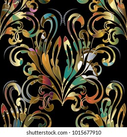 Damask baroque seamless pattern. Vector colorful floral background with hand drawn golden flowers, swirls, dots, curves, baroque style ornaments. Luxury design for wallpaper, fabric, prints, textile