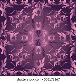  Damask baroque seamless pattern.Floral ornament with vintage decorative antique 3d flowers and leaves.Vector flourish violet background wallpaper illustration.Endless monochrome texture.