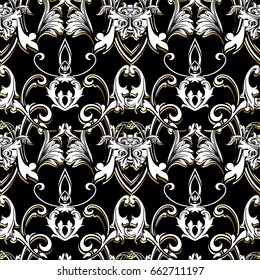 Damask Baroque vector seamless pattern. Black floral background wallpaper illustration with black white gold vintage   flowers, scroll swirl curve leaves and antique baroque royal ornaments. 