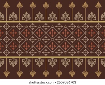 Damask batik fabric has luxurious patterns with delicate designs. The floral patterns are shades of beige, brown and red. It is an example of textile design that perfectly combines art and culture.
