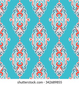 Damask beautiful background with ornamentation, blue fashioned seamless pattern, royal vector wallpaper, floral wrapping paper, swatch fabric for decoration and design