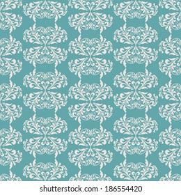 Damask beautiful background with rich, old luxury ornamentation, turquoise fashioned seamless pattern, elegant, royal vector wallpaper, floral wrapping paper, swatch fabric for decoration, design