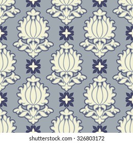 Damask beautiful background with rich, old style, luxury ornamentation, blue fashioned seamless pattern, royal vector wallpaper, floral wrapping paper, swatch fabric for decoration and design