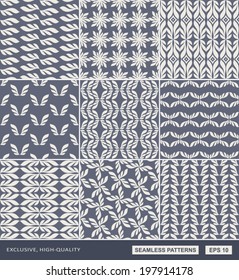 Damask beautiful backgrounds set, blue beautiful leaf ornamentation, fashioned seamless patterns, rich vector wallpaper collection, floral wrapping paper, swatch fabrics for decoration and design