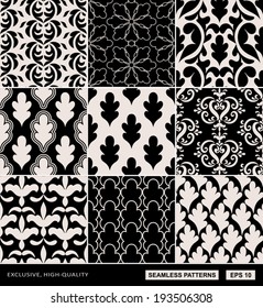 Damask beautiful backgrounds set, old style, luxury ornamentation, fashioned seamless patterns, royal vector wallpaper collection, floral wrapping paper, swatch fabrics for decoration and design