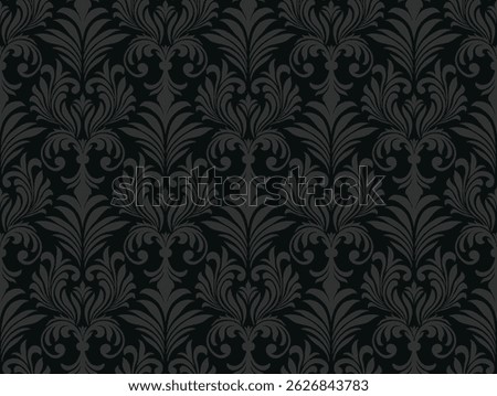 Damask Black Background Pattern. Floral Wallpaper Vintage Seamless Victorian Baroque decor. Ornate rococo textile foliage evokes antique luxury.