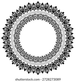 Damast schwarz Runde runde runde runde Blumen Abstraktes Muster, klassischer viktorianischer traditioneller Stil, Mandala, marokkanischer Rahmen, Blumenrahmen, Antike, Vintage Design