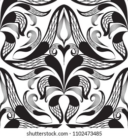 Damask black and white decorative seamless pattern. Vector ornamental vintage background. Floral hand drawn lace ornaments. Elegance design. Monochrome template for fabric, textile, printing.